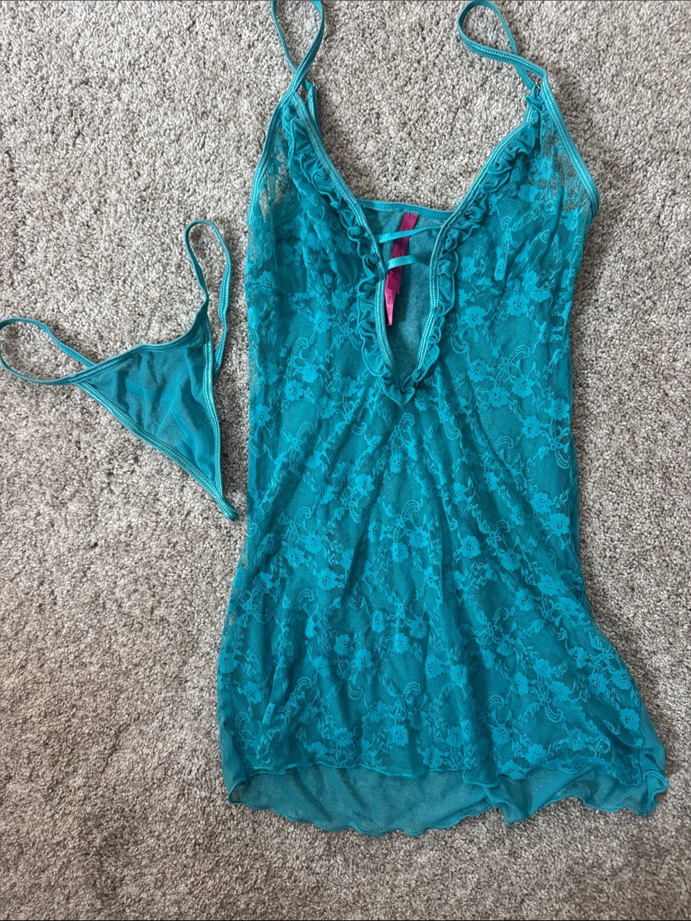 Teal Lace V-Neck Chemise with Matching Thong